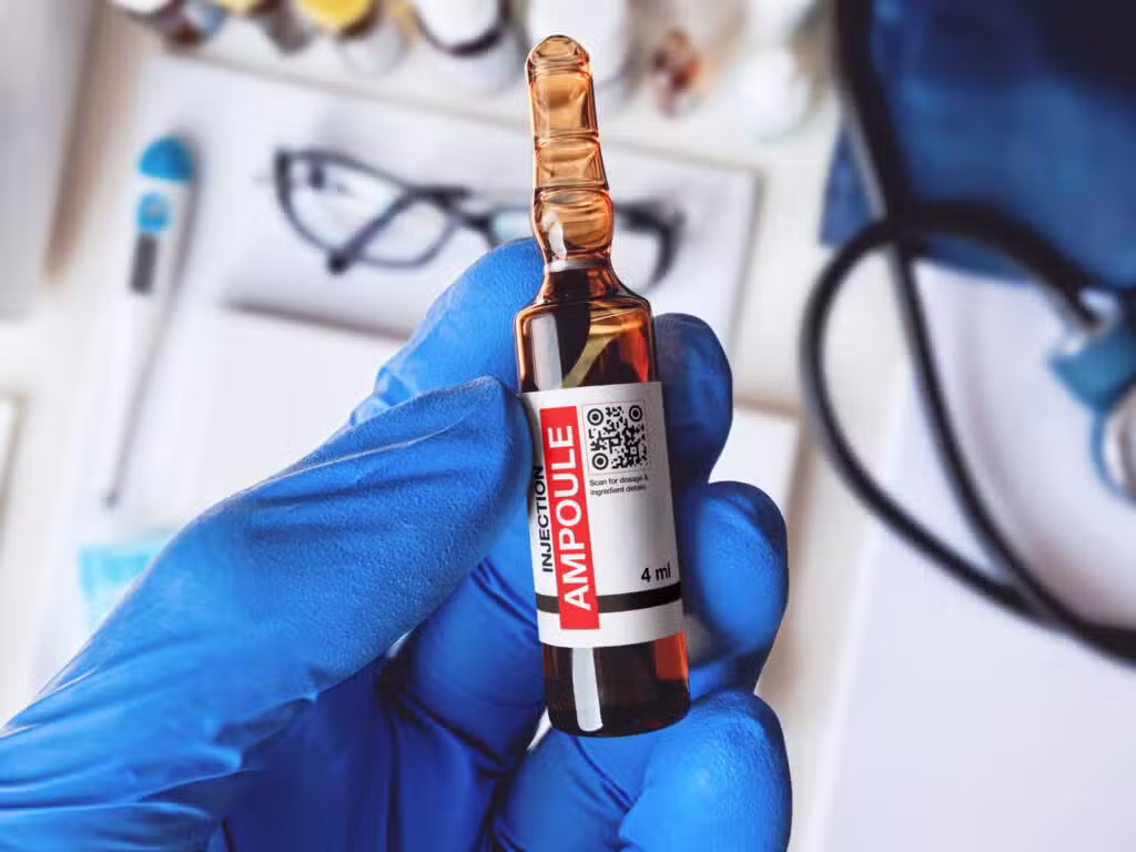 an ampoule injection bottle with a qr code on it in someone's hand