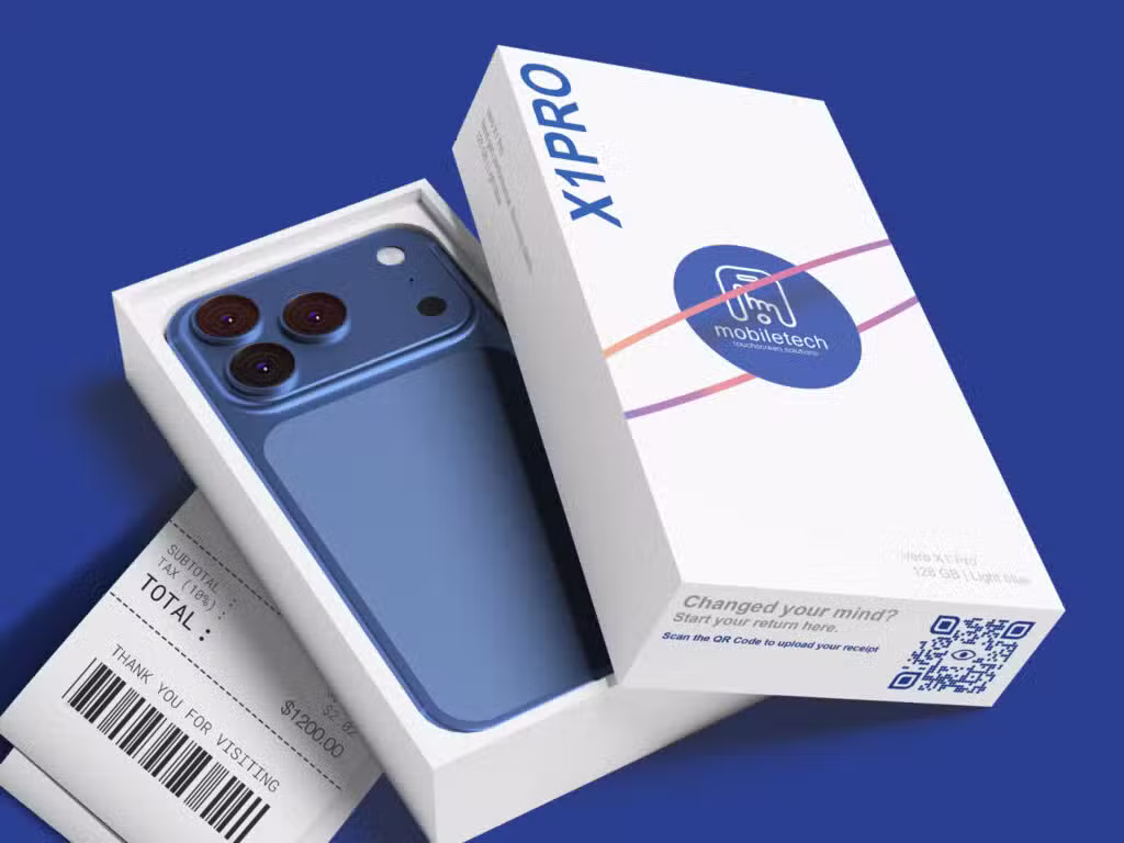 Un nouveau téléphone portable bleu dans une boîte avec un code QR sur le côté.