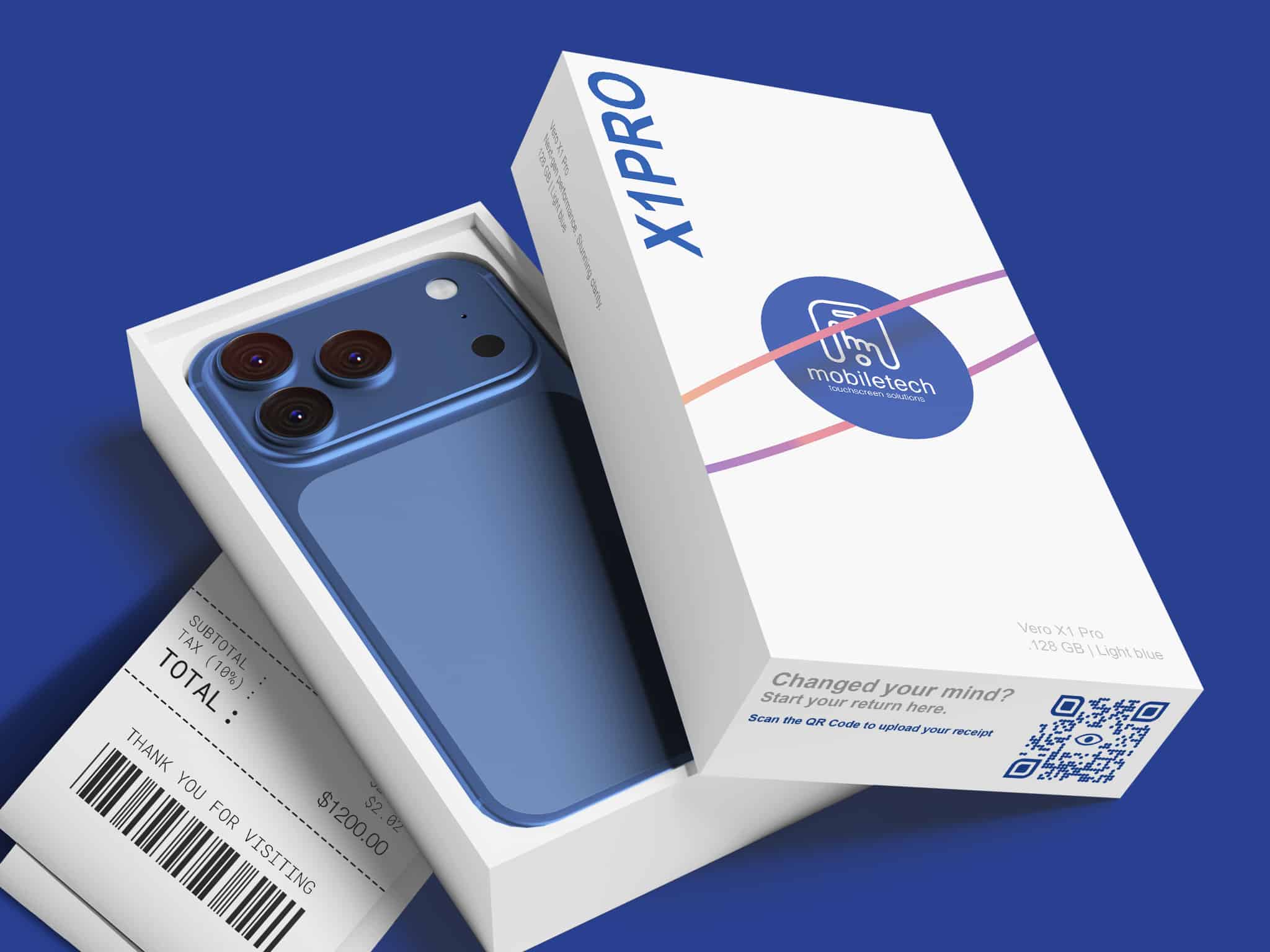 A new blue cell phone in a box with a QR code on the side.
