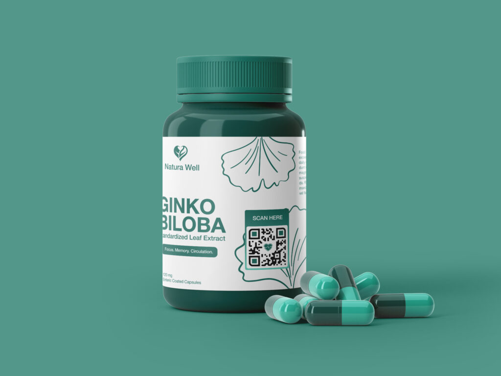 a bottle of gingko biloba with a qr code on it and some vitamins on the side