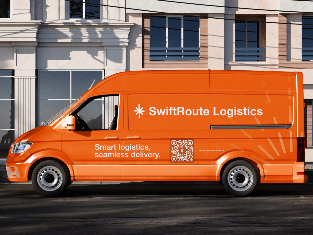An orange logistics van with a QR code on it, parked outside of homes waiting to make a delivery.
