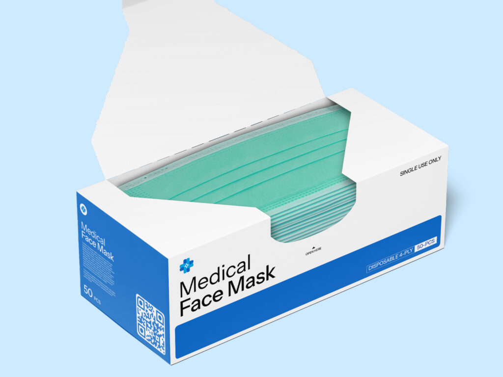 a box of medical face masks with a qr code on the side