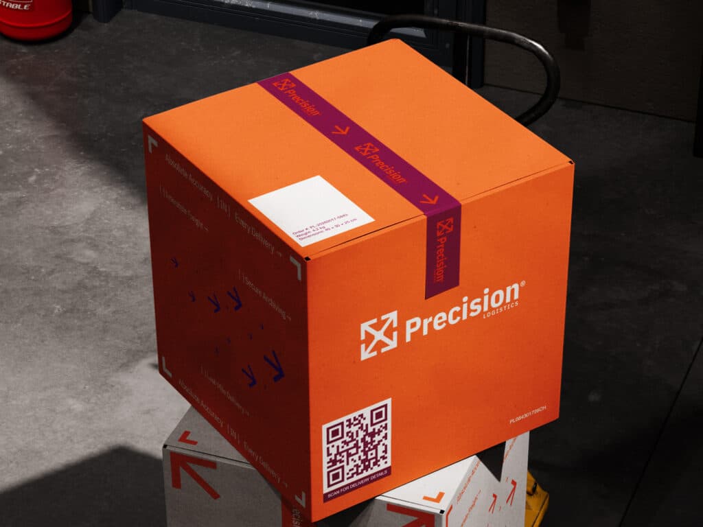 An orange box with a QR code on it, stacked on top of another box, on a warehouse floor with shadows.
