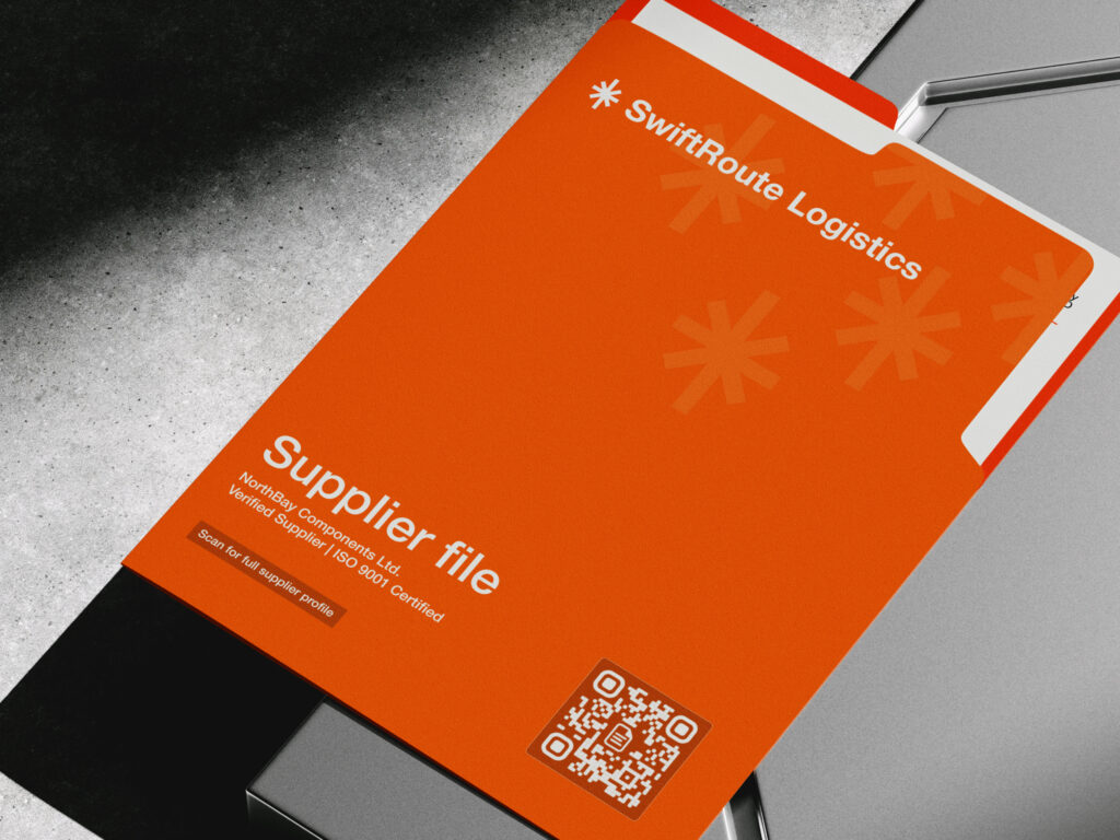 An orange supplier file folder with a QR code on it.