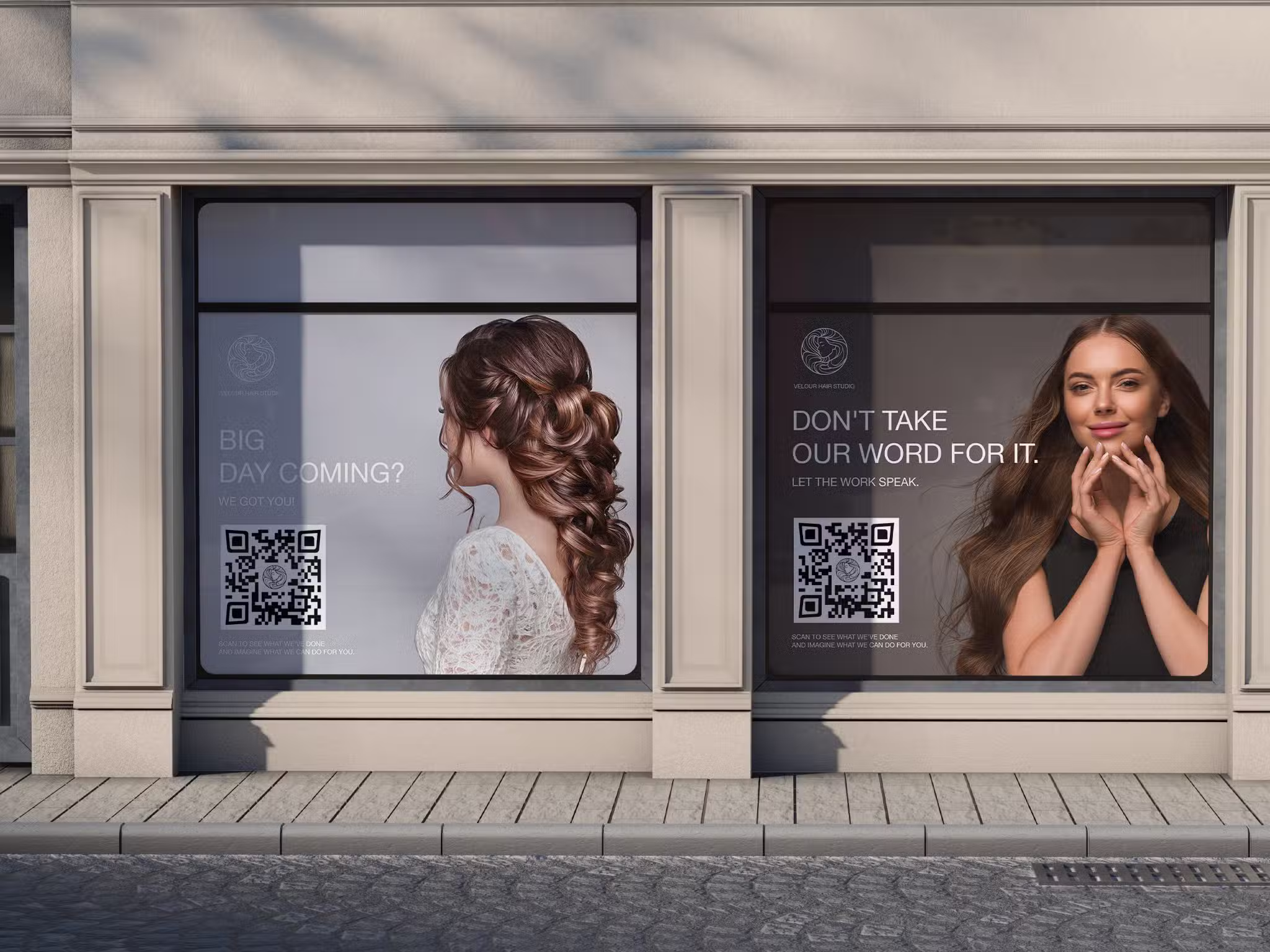 2 displays with women with hair done for salon advert with qr codes on them