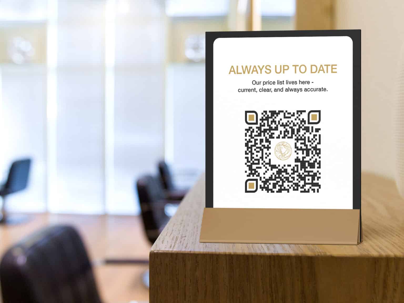price list QR code with a logo at a beauty salon desk