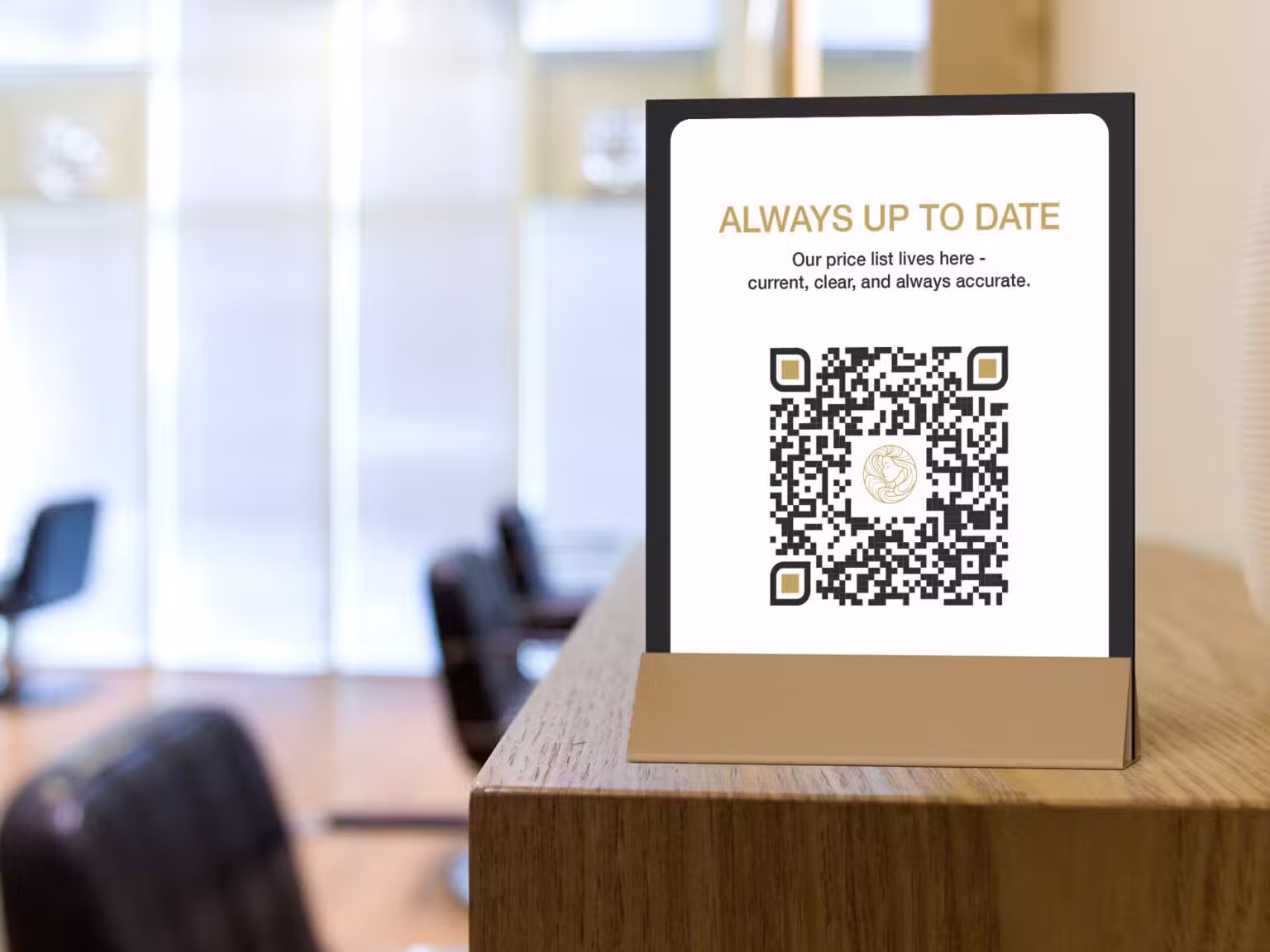 price list QR code with a logo at a beauty salon desk