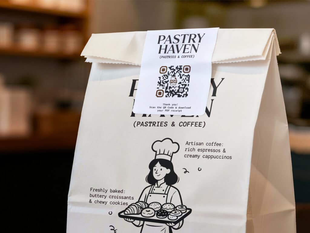 a qr code on a receipt to scan for a digital pdf, that is attached to a food bag